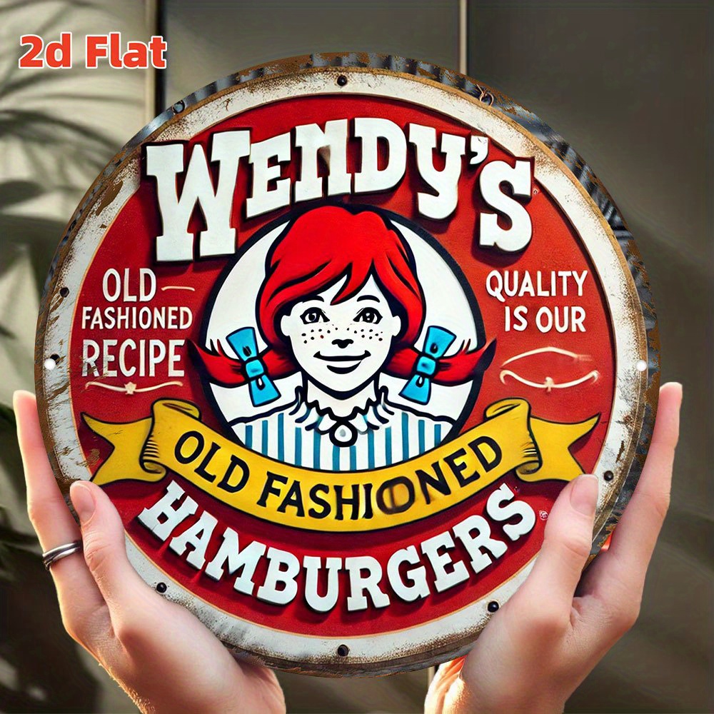 Vintage Fashion Hamburg - ป้ายโลหะทรงกลมลายวินเทจ Wendy's Old Fashioned Hamburgers ของตกแต่งผนังสไตล์เรโทรสำหรับร้านอาหารฟาสต์ฟู้ด