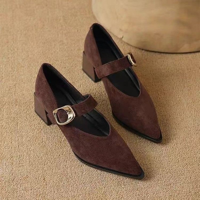 Vintage Fashion Dresses - รองเท้าส้นบล็อกสไตล์วินเทจสำหรับผู้หญิง ดีไซน์แบบแมรีเจน หัวแหลม เหมาะสำหรับใส่กับชุดสวย ปรับสายรัดได้ เหมาะสำหรับใส่ในชีวิตประจำวันและในที่ทำงานในฤดูใบไม้ร่วง