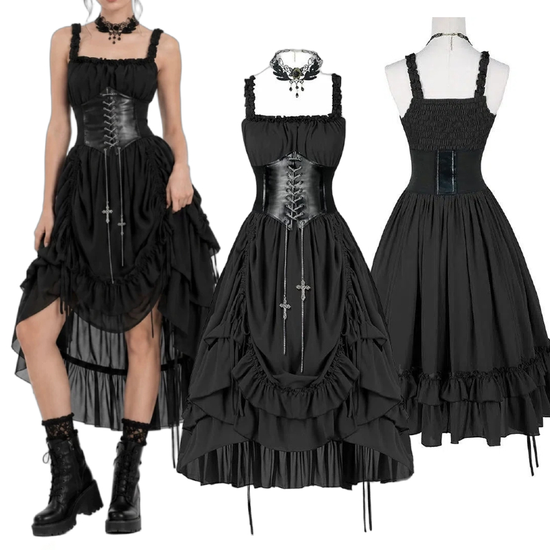 Vintage Fashion Dresses - ชุดเดรสโกธิคผู้หญิง คอร์เซ็ทสีดำ สไตล์พังก์ โลลิต้า ระบายชายไม่สม่ำเสมอ ความยาวปานกลาง